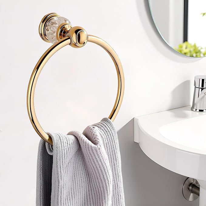 Crystal Towel Ring,Gold Hand Towel Holder Bathroom,Round Hand Towel Rack Wall Mounted Bling Bathroom Accessories