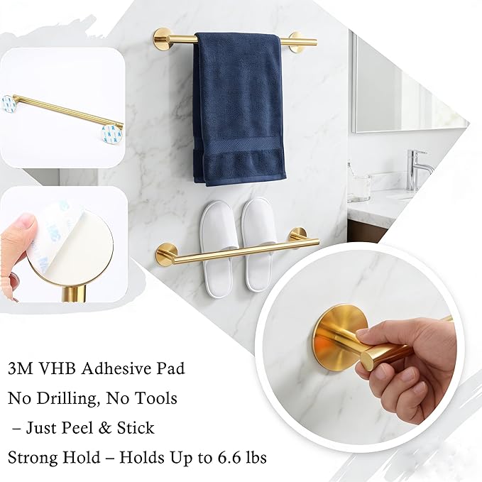16" Self-Adhesive Brushed Gold Towel Bar - No Drill Stainless Steel Bathroom Kitchen Hand Wall Mount Towel Holder Rack Accesories Hand Towel bar