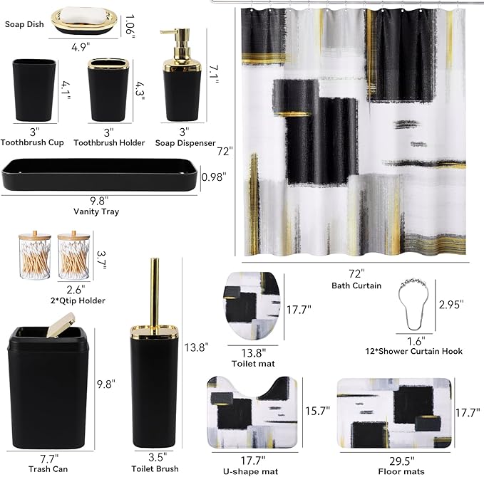 XLHOMO Bathroom Set - Black Bathroom Accessories Set, Bathroom Sets with Shower Curtain and Rugs, Black Shower Curtain Set with Bathroom Trash Can, Soap Dispenser, Soap Dish for Home Decor