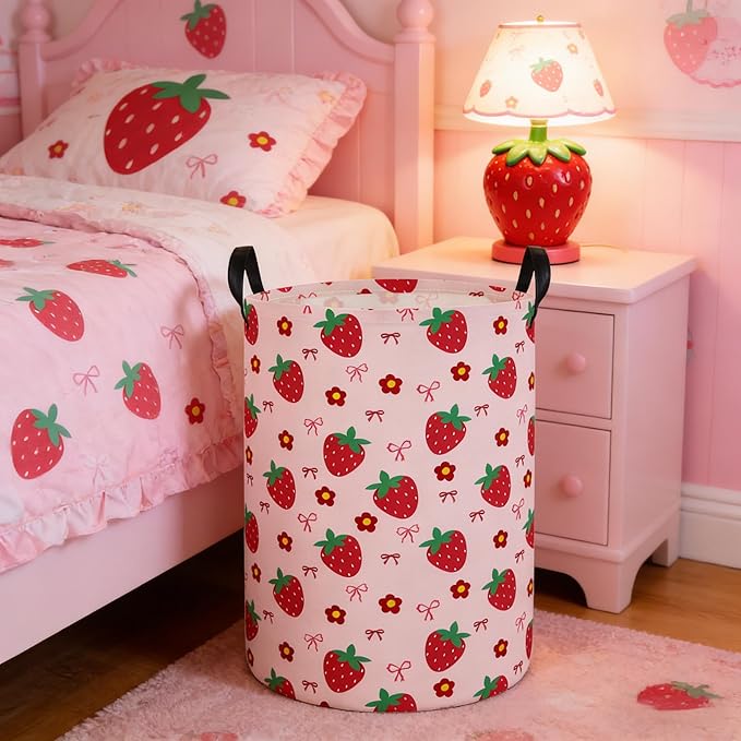 Laundry Hamper Baby Nursery Hamper Waterproof Foldable Kids Laundry Basket Kids Dirty Clothes Hampers Girl Room Decor for Home Gift Baskets(Strawberry Flower)