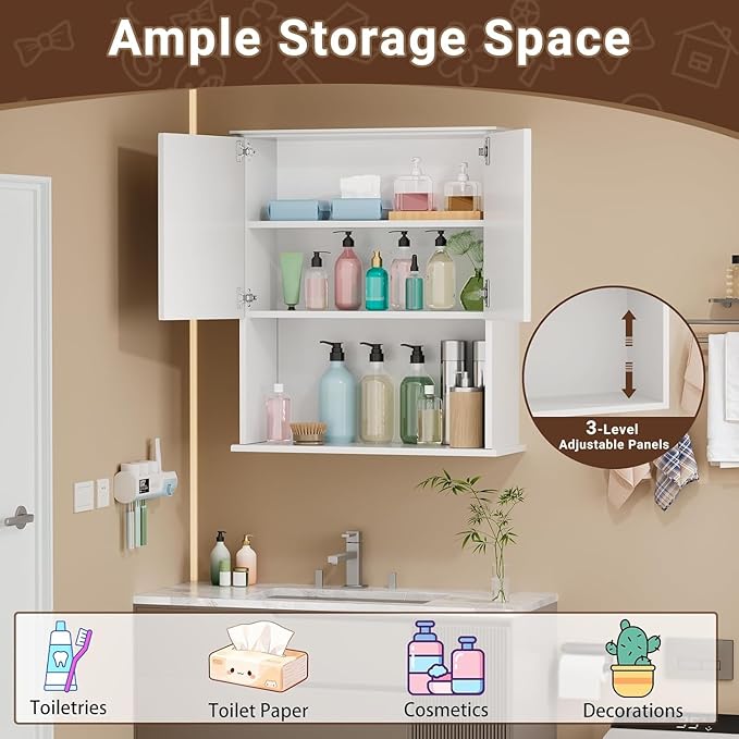 Bathroom Wall Cabinet Wooden with 2 Doors,Over the Toilet Storage Cabinet,Bathroom and Laundry Wall Mount Storage Medicine Cabinet with Open and Adjustable Shelf,Easy Assembly (Style A (1 PC), White)