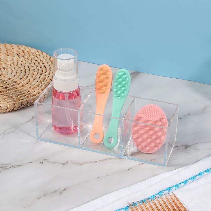 Acrylic Makeup Organizer 3 Section Clear 7.1x2.36x2.36 Inches Pen Holder 3 Compartments Pencil Organizer Cup Plastic Storage Organizer Plastic Square Cube for Makeup Jewelry Accessories