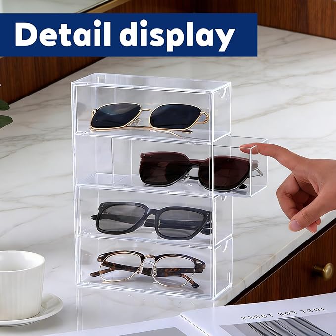 2PCS Sunglass Organizer Clear Acrylic Organizer, 9.65*6.89*2.56 Inch Plastic Stackable Eyeglass Case Storage Organizers with 4 Drawers, Glasses Organizers for Women for Glasses Jewelry Watch Storage