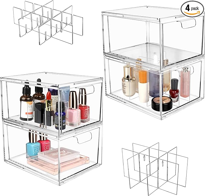 Yes!Fresh Drawer Organizer Stackable Cosmetic Desk Organizer with Removable Interior Partitions for Vanity Organization and Storage,Clear Bathroom Organizer (4)