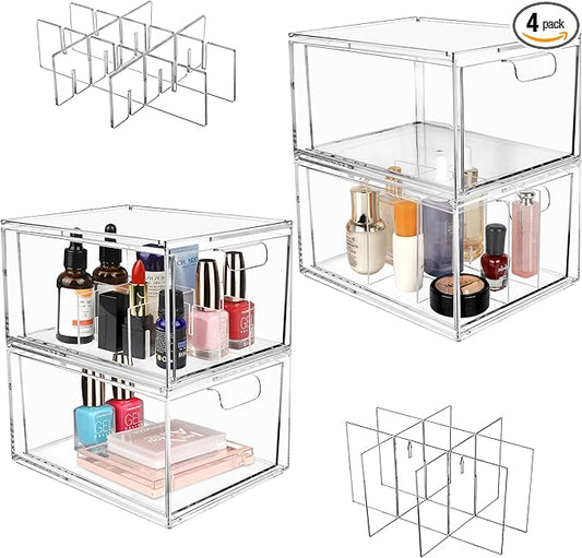 Yes!Fresh Drawer Organizer Stackable Cosmetic Desk Organizer with Removable Interior Partitions for Vanity Organization and Storage,Clear Bathroom Organizer (4)