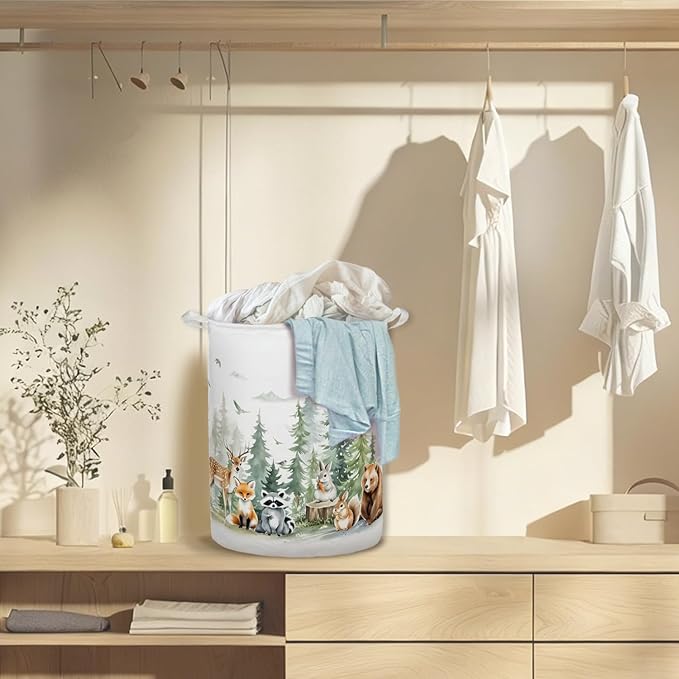Animal Forest Nursery Laundry Basket Hamper,Forest Nursery Decor, Animals Foldable Clothes Toys Books Storage Box Bins Baskets Organizer for Girls Boys Bedroom Bathroom,