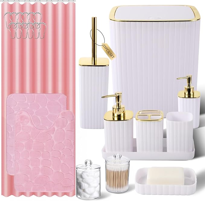 XLHOMO Bathroom Accessories Set- 25PC White Bathroom Set, Bathroom Set with Shower Curtain and Rugs, Pink Shower Curtain Set, Soap Dish & Trash Can