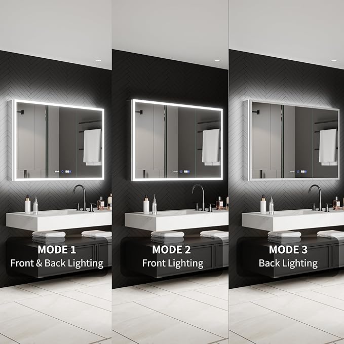 ExBrite 48 x 32 Lighted Medicine Cabinet with Mirror, Front&Backlit led Medicine Cabinet,Clock Temp Display,Defog,5X Magnifier,3 Colors Temper Dimmable,Surface or Recessed Mount,Door Wide Open