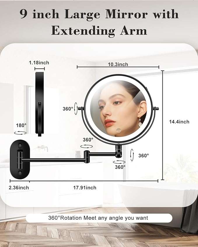 vpu 9" Wall Mounted Makeup Mirror with Light, 20X/1X Height Adjustable Double Sided Magnifying Bathroom Lighted Mirror, 3 Color Touch Dimmable Extended Arm 360 Rotation Light up Magnification Mirrors