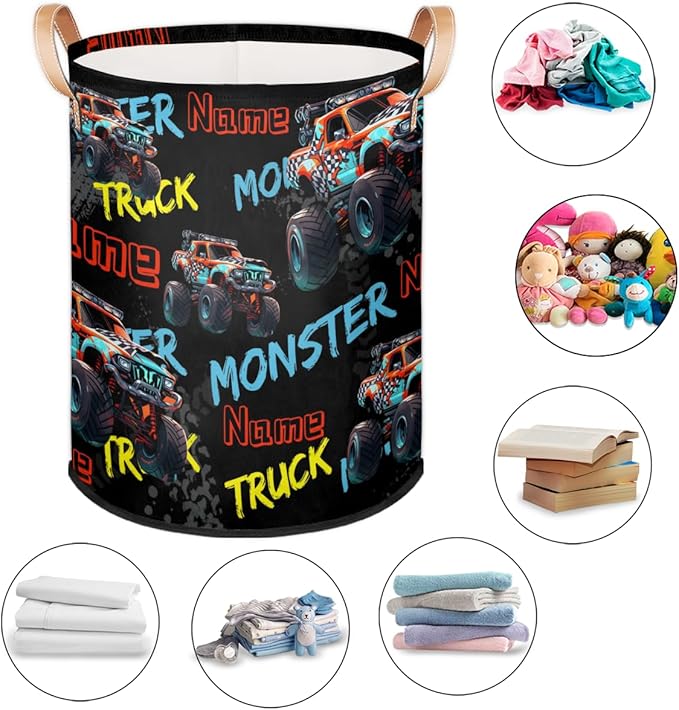 Custom Monster Truck Car Laundry Hamper, Personalized Laundry Baskets with Handles Dirty Clothes Hamper Storage Basket