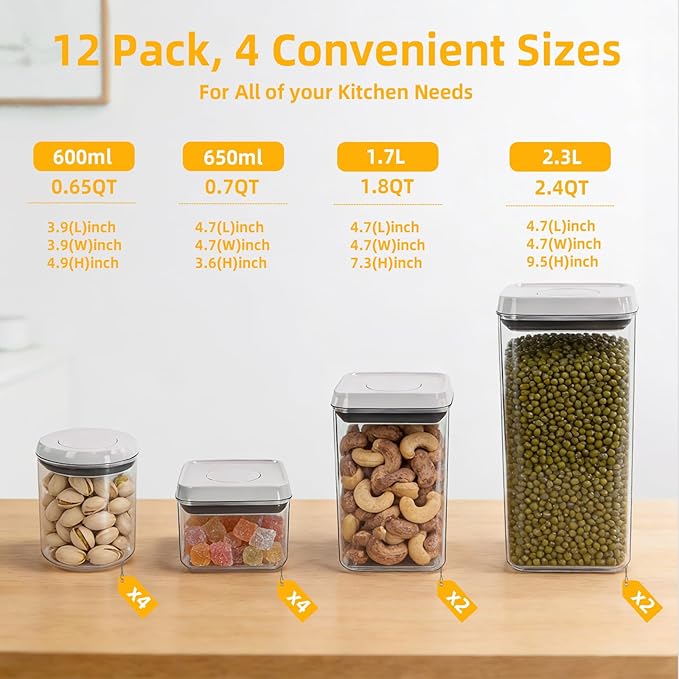 12 Pcs Pop Containers Set, Airtight Food Storage with Lids, Push Button BPA-Free Bulk Set for Large Family & RV, 0.65QT/0.7QT/1.8QT/2.4QT for Cereal, Flour, Sugar, Commercial Kitchen Storage