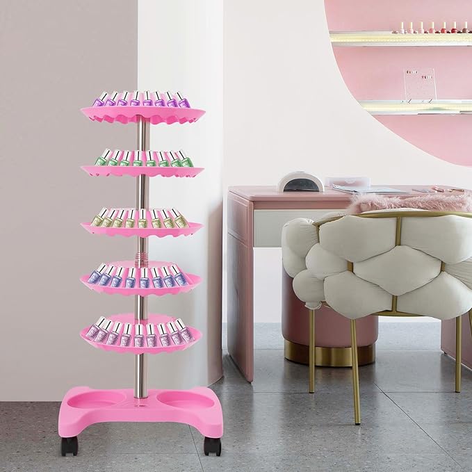 5 Tiers Nail Polish Trolley Display Organizer, 360 Rotating Nail Polish Rack Holder with Wheels, Up to 120 Nail Polish, Rotating Essential Oil Display Stand for Home Spa Business Salon, Pink