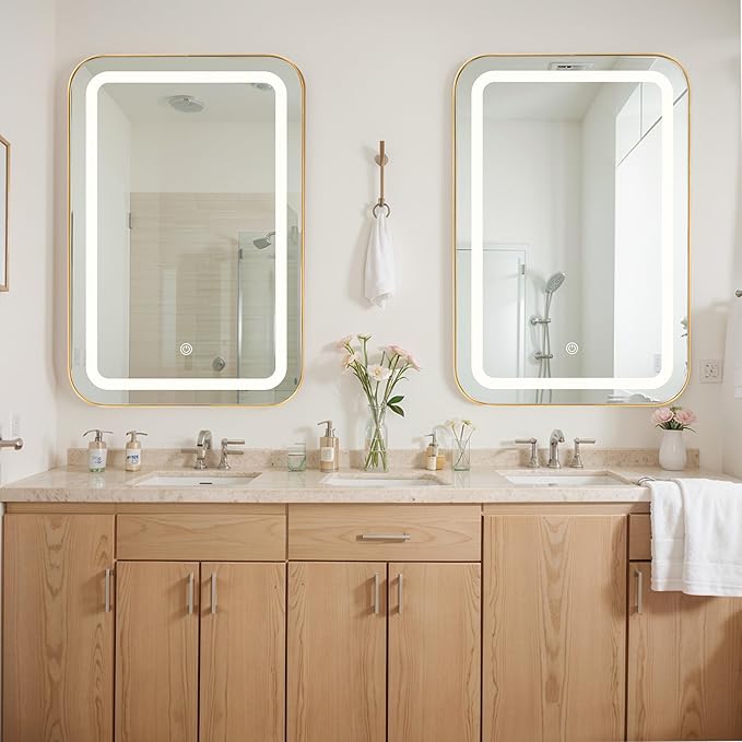 SogesHome Wall Mounted Mirror Medicine Cabinet 24"X16" with LED Lights, Rectangular Vanity Mirror Storage with Shelves, Modern Recessed Mirror Medicine Cabinet for Bathroom, Bedroom, Gold