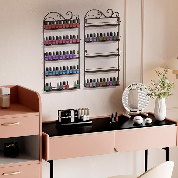 ERYTLLY Wall Mounted Nail Polish Rack, Rectangle Nail Storage Organizer, Salon Shelf Organizer (Brown)