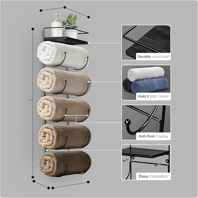 Sorbus Bathroom Towel Holder - 5 Tier Metal Towel Rack with Wood Shelf for Rolled Bath Towels, Washcloths, Linens, Hand Towels, Soaps & Accessories - Wall Mounted Towel Rack for Bathroom Towel Storage