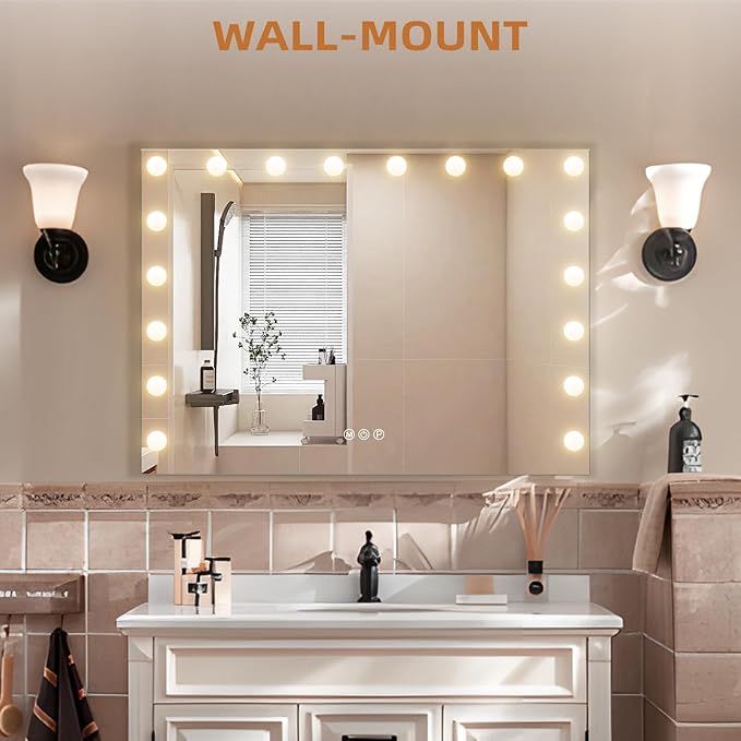 Fenair Large Vanity Makeup Mirror with Lights 32"X23" Lighted Hollywood Mirror with 18 Dimmable Bulbs, 3 Color Light Settings, USB Port, Bedroom Makeup Mirror for Tabletop