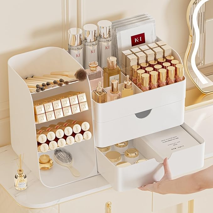 Makeup Organizer with Drawers,Large Capacity Countertop Organizer for Vanity,Bathroom and Bedroom Desk Cosmetics Organizer,Easy To Storage Skincare,Brushes, Eyeshadow,Lipstick (All White, Large)