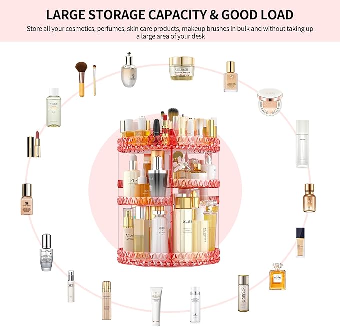 360 Rotating Makeup Organizer,DIY Adjustable Cosmetics Organizer[Patented Product],Professional Acrylic Make Up Caddy Shelf Storage Perfume,Lipsticks,Makeup Brushes or Accessories (Pink)