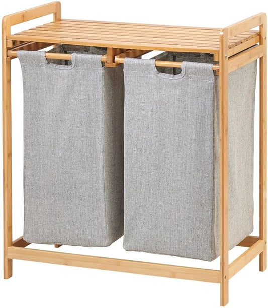 mDesign Freestanding Bamboo 2 Section Double Laundry Organizer Hamper with Removable Storage Sorter Bags, Space-Saving Basket Duo with Handles for Clothes/Linens - Echo Collection - Vintage