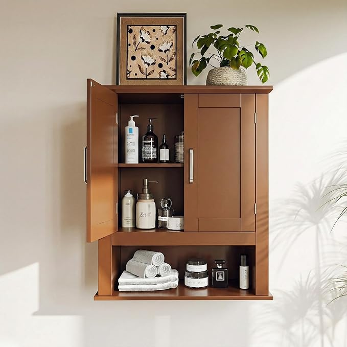 VINGLI Bathroom Wall Cabinet, Black Wall Mounted Storage Cabinet for Bathroom Over The Toilet, Medicine Cabinet with 2 Doors and 3-Height Adjustable Shelf & Open Shelf, Painted MDF, Space Saving