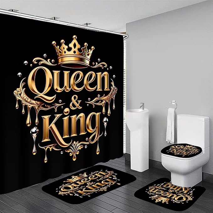 AZHM Golden Crown Print Shower Curtain Set Black Luxury Bathroom Accessories Sets with Shower Curtain and Rugs