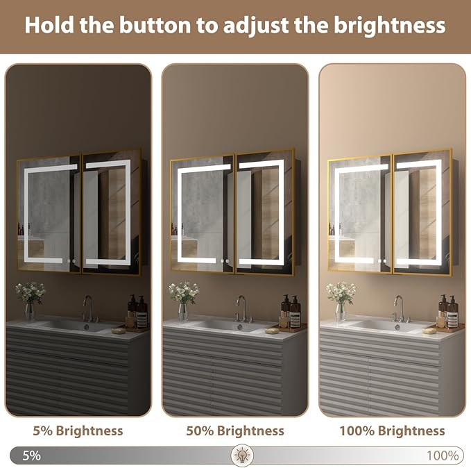 LOVMOR Led Medicine Cabinet with Mirror, Bathroom Vanity Mirror Cabinet with Shelves, 3-Color Lights Dimmer, Gold 32" H x 40" W