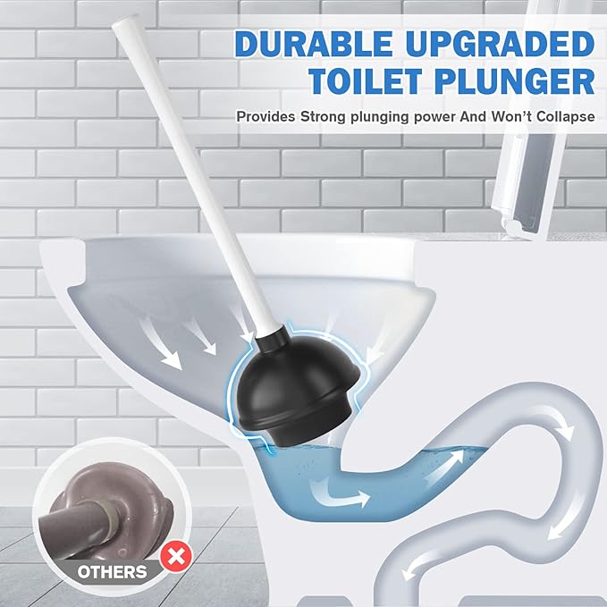 Toilet Plunger and Brush with Holder, Bowl Brush and Heavy Duty Toilet Plunger Set for 5.7-inch Toilet Drain, 2-in-1 Bathroom Cleaning Combo with Modern Caddy Stand (White)