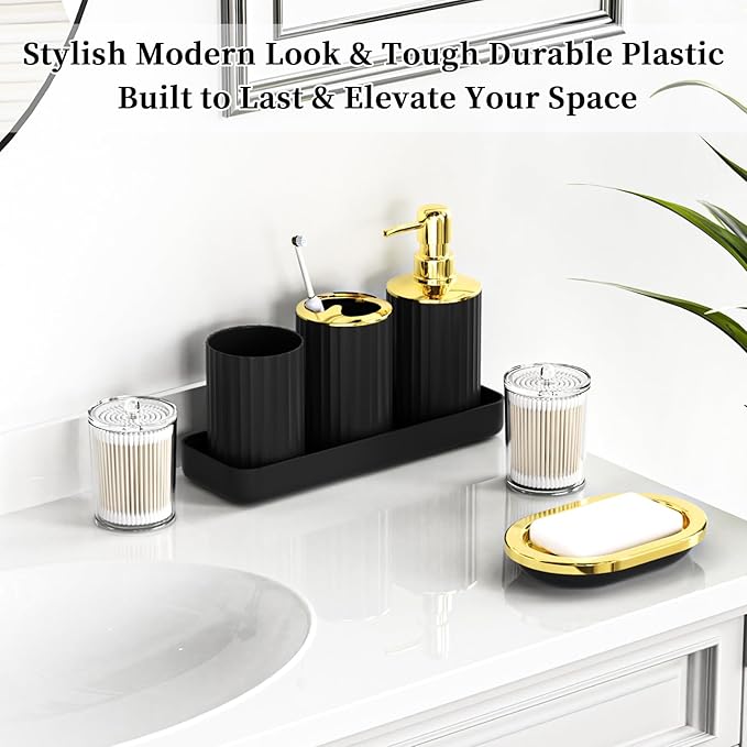 Black and Gold Bathroom Set with Shower Curtain and Rugs, Bathroom Accessories Sets with Extra Soft and Absorbent Bath Rugs Shower Curtain Black Bathroom Sets for Bath