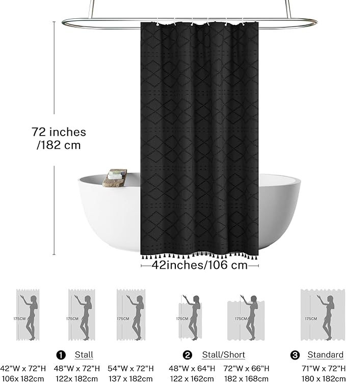 Stall Boho Black Woven Fabric Shower Curtain with Tassels 42 x 72 Modern Farmhouse Minimalist Tufted Chevron Striped Shabby Chic Textured, Water Resistant Curtain for Bathroom, Hotel Decor