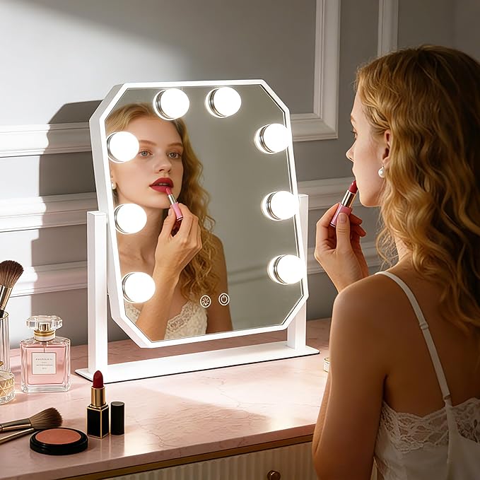 Vanity Mirror with Lights - 11.8"x9.8" Hollywood Makeup Mirror with Dimmable LED Bulbs, 3 Color Modes, Smart Touch Control, Desktop Mirror for Bedroom Dressing Table, Gift for Women Girls (White)