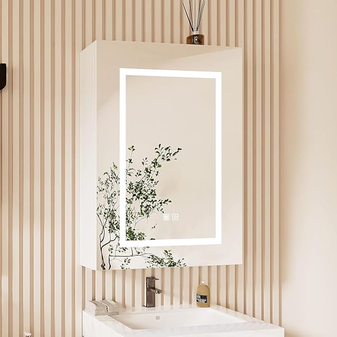 Lighted Medicine Cabinet Mirror for Bathroom,Led Medicine Cabinet with Defogger, Wall Mounted,LED Bathroom Mirror with Storage,20X28 Inch