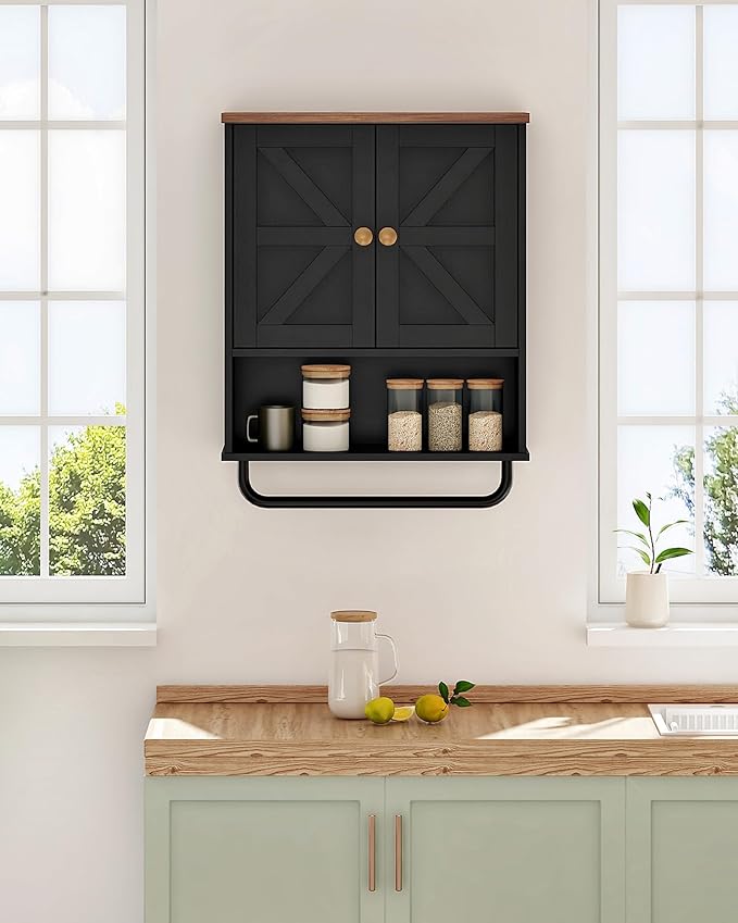 CHOEZON Bathroom Wall Cabinet, Medicine Cabinet with Open Partition and Towel Bar, Rustic Storage Cabinet with Open and Hidden Storage Space, for Bathroom, Living Room, Kitchen, Black and Walnut