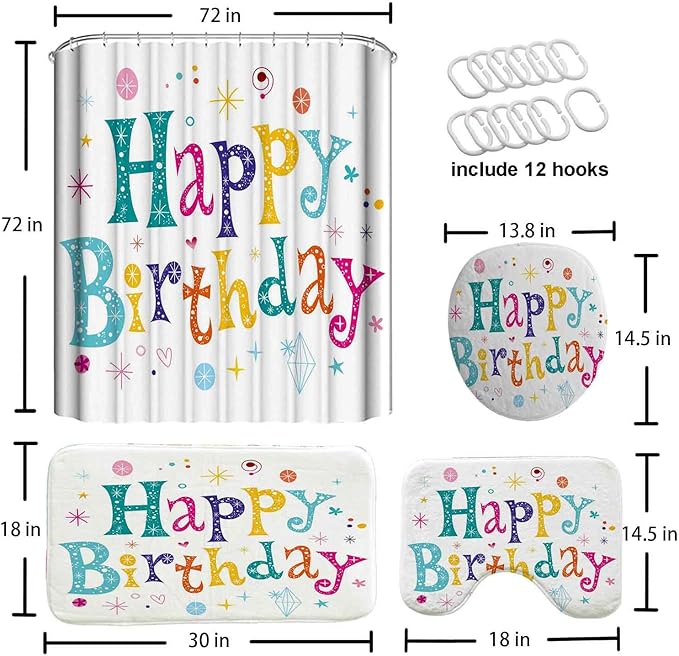 4 Pcs Colorful Happy Kids Birthday Shower Curtain Sets with Non-Slip Rugs, Lovely Kid's Birthday Shower Curtain Colorful Cartoon White Fabric Bathroom Shower Curtain with 12 Hooks, 72" x 72"