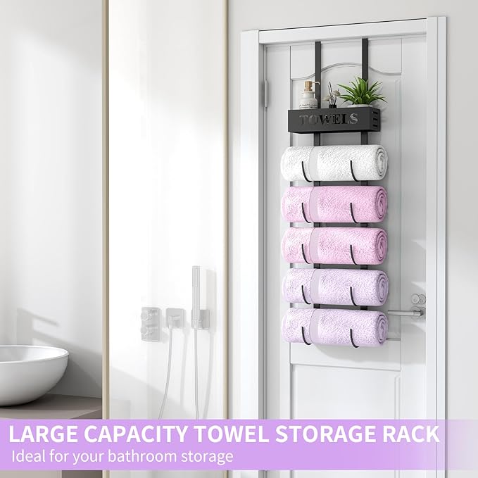 STWWO 6 Tier Over The Door Towel Racks for Bathroom, Wall Mount Bathroom Towel Storage with Basket, Over The Door Towel Holder for Roll Towels, Small Bathroom, RV, Camper, Black