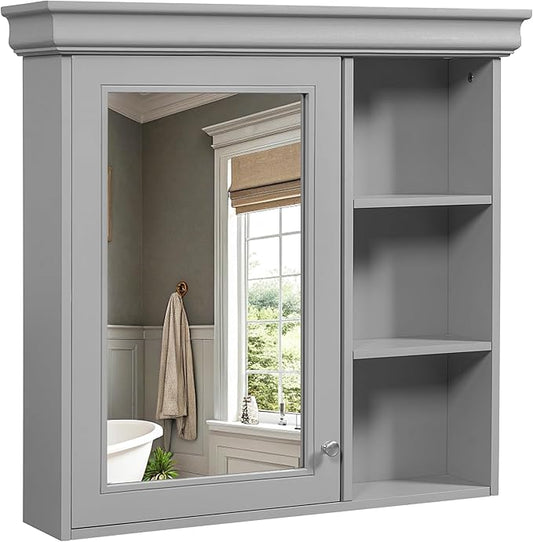 Merax Modern Bathroom Medicine Cabinet with Mirror, 30" x 28" Wall Mounted Medicine Cabinet with Storage and Open Shelves, Over The Toilet Mirrored Wall Storage