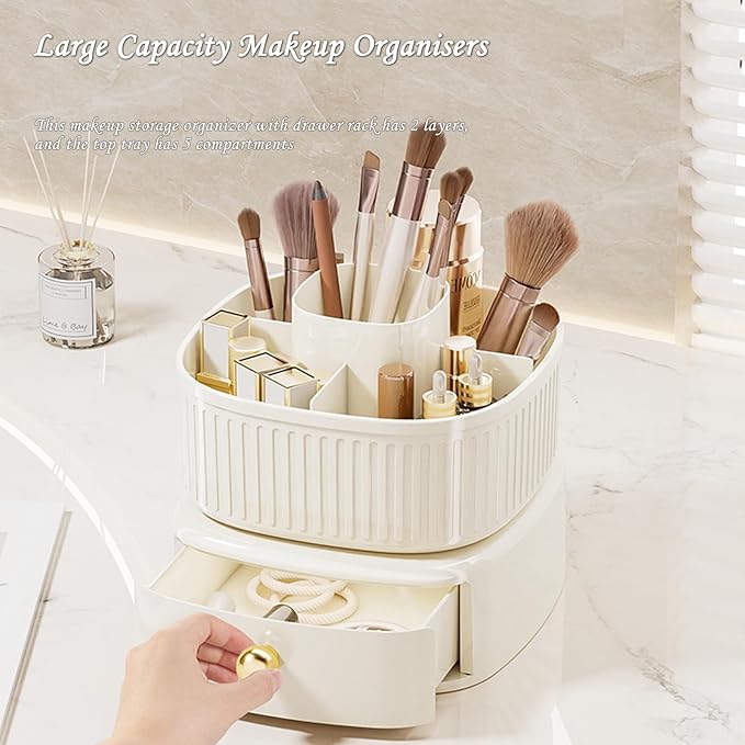 360 Rotating Makeup Brush Holder, 5 Slots Makeup Desk Organizer, Cosmetic Display cases With drawer, Makeup Organizer for Vanity, Bedroom Decor, Bathroom Organizer