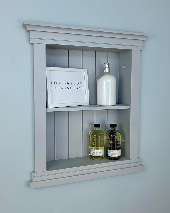 Fox Hollow Furnishings 14x18 Elliot Craftsman Recessed Wood Wall Niche, Open Medicine Cabinet Replacement, in Wall Bathroom Cabinet Insert Shelves, Made in North America, NO MDF, Beadboard, Light Gray