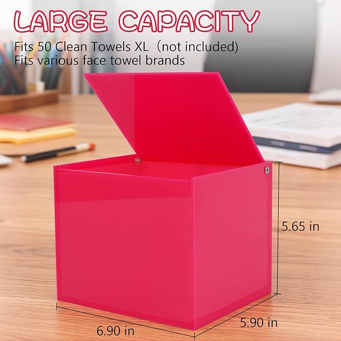 Hot Pink Acrylic Disposable Face Towel Holder-Compatible with Clean Skin Club Facial Towel XL, Acrylic Face Towelette Storage Box Container, Cosmetic Organizer for Bathroom Countertop Storage