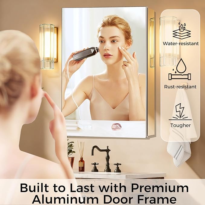 16 x 24 Inch Bathroom Medicine Cabinet with Mirror, Medicine Cabinet Mirror, Bathroom Mirror with Storage with 2 Adjustable Shelves, Assembly Required, Support Recessed or Surface Mount