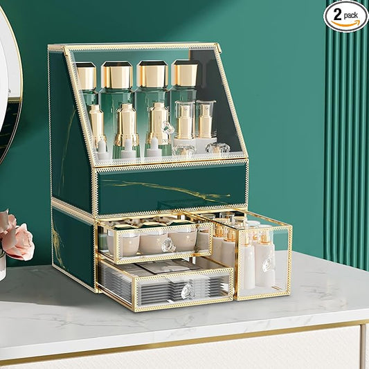 Makeup Organizer Countertop,Green Makeup Organizer with Drawer, Skincare Holder for Bathroom Countertop,Cosmetic Display Case for Dresser.