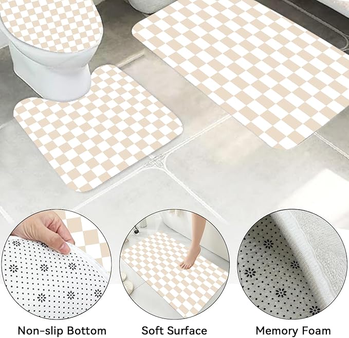 4 PCS Checkered Shower Curtain Sets Fun Gingham Bathroom Sets Soft Non Slip Bath Rugs Toilet Cover U-Shaped Mat Retro Bright Waterproof Shower Curtains with 12 Hooks for Tub Toilet, Beige