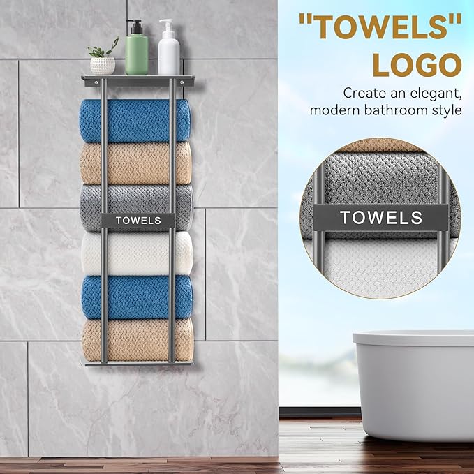 Vertical Towel Rack Wall Mounted - Metal Rolled Towel Holder, 31 Inch Black Space Saving Bathroom Storage Shelf for Shower, Toilet & RV (Grey)