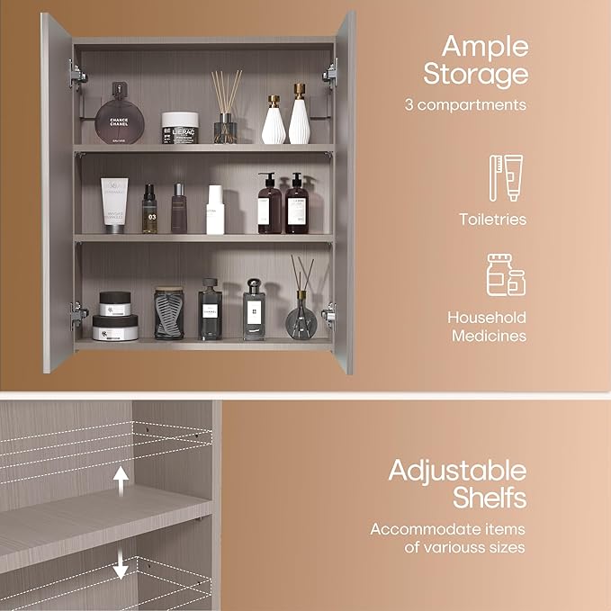28x24 inch Bathroom Wall Cabinet, Saver Storage Cabinet, Medicine Cabinet with 2 Door and Adjustable Shelves, Grey（Assembly Required）