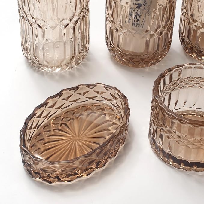 IVAILEX 5PCS Amber Brown Glass Bathroom Accessories Sets of Lotion Dispenser, Soap Dish, Toothbrush Holder, Tumbler, Cotton Swab Jars, Modern Bath Decor, Vintage Gift