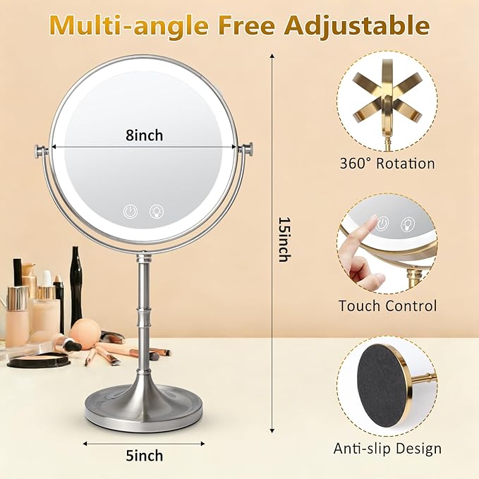 Vanity Mirror with Lights,4000mAh Rechargeable Double Sided Magnifying Mirror with 3 Colors Adjustable,1x/10x Lighted Makeup Mirror,360°Rotation Touch Screen with Memory Function,Gold
