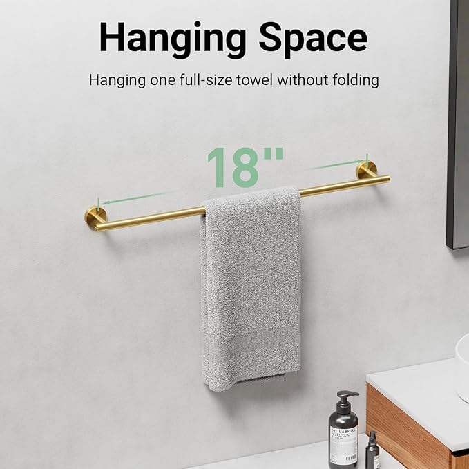 Brushed Gold Towel Bar, 18 Inch Towel Rack for Bathroom Wall-Mounted, SUS304 Stainless Steel, Total Length 20 Inch