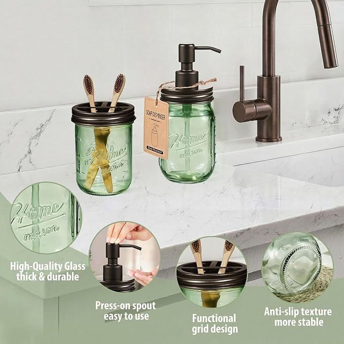 SheeChung Green Bathroom Accessories Set, 6Pcs Mason Jar Glass Bathroom Set, Lotion Soap Dispenser, Toothbrush Holder, Qtip Holder, Soap Dish, Metal Wire Basket, Rustic Farmhouse Bathroom Decor-Bronze