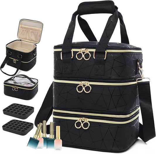 3 Layers Nail Polish Organizer Bag - Holds 60 Bottles,Portable Travel Case with Shoulder Strap,Nail Tech Kit Storage,Versatile Cosmetics Case,Detachable,Waterproof,Gifts for Women