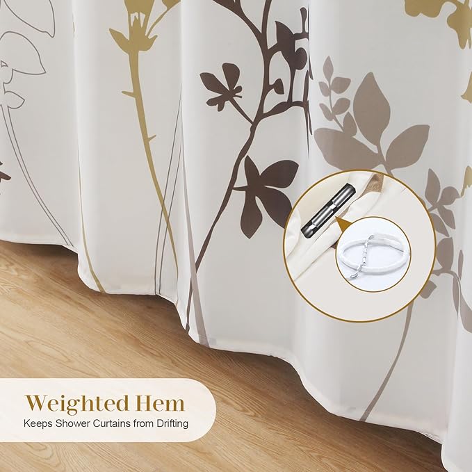 Floral Fabric Shower Curtains for Bathroom, Cream Beige Brown Tan Flower Shower Curtain, Waterproof Washable Decorative Bathroom Curtains, 72" W x 72" H