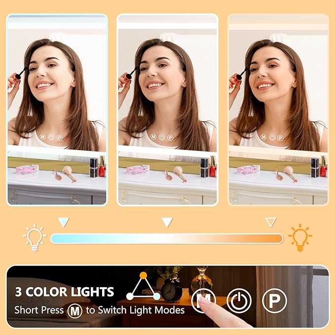 Ratsamee Vanity Mirror with Lights, Led Makeup Mirror, Lighted Makeup Mirror with 3 Color Dimmable Lights, Smart Touch Screen Control, Aluminum Metal Frame,USB Charging Port